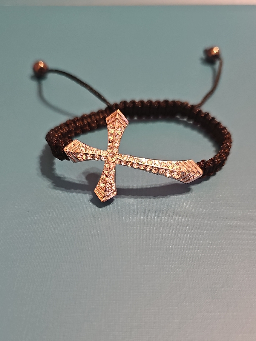 Rhinestone Cross Macrame Bracelet - Black Cord